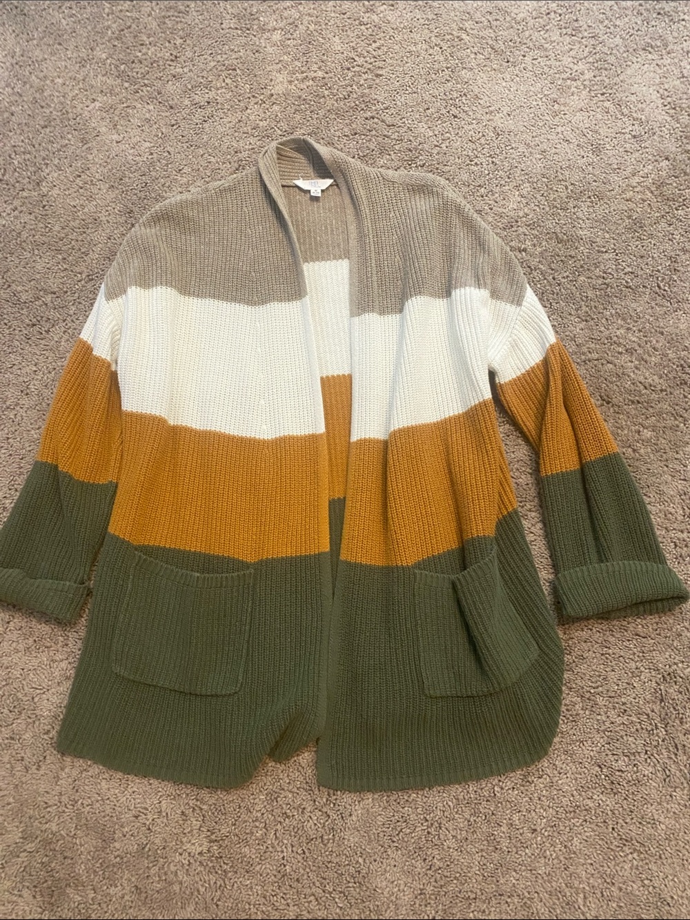 Time and Tru Colorblock Open-Front Cardigan in Olive, Mustard, Cream, Taupe